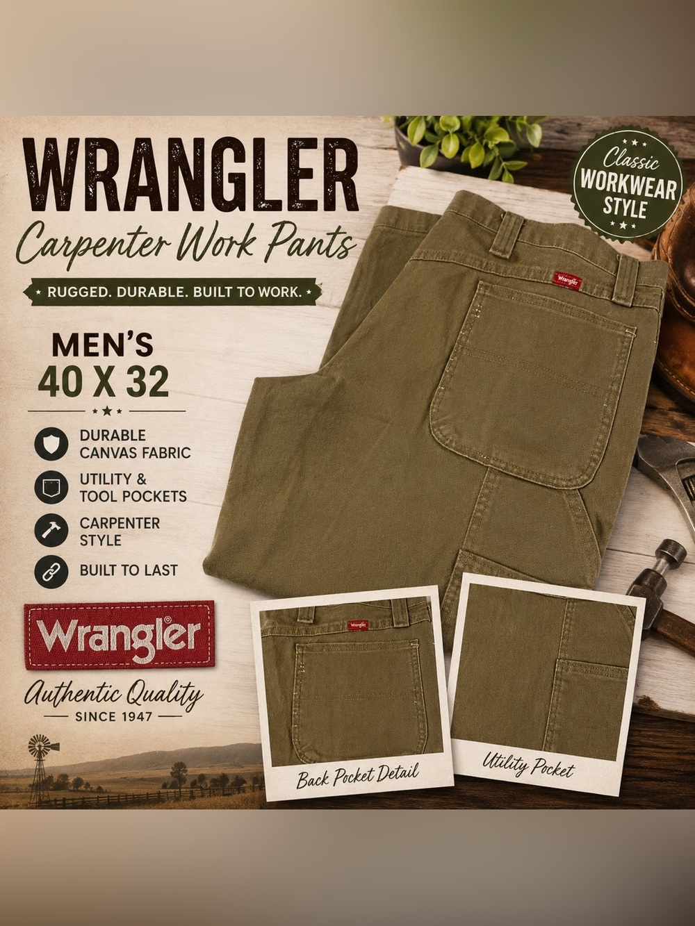 Wrangler Men's Brown Canvas Carpenter Work Pants 40x32